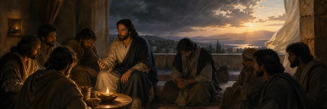 Jesus teaching sorrowful disciples as darkness gives way to dawn beyond the terrace
