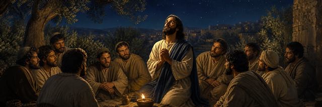 Jesus praying beneath a night sky while his disciples sit together in an olive grove