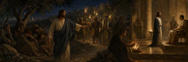 Jesus facing arresters in the garden as Peter waits by a courtyard fire and Pilate questions Jesus