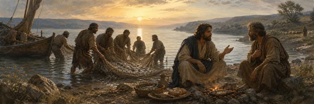Disciples hauling a full net at dawn as Jesus shares breakfast and speaks with Peter beside Galilee