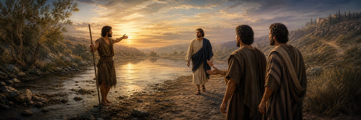 John the Baptist pointing toward Jesus beside the Jordan as the first disciples approach