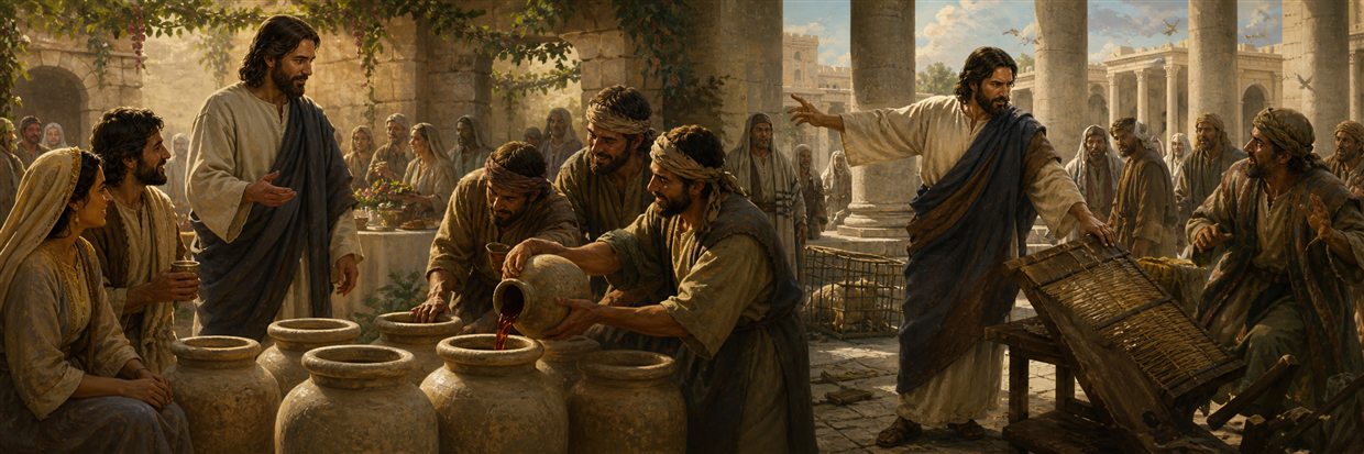 Servants pouring wine from stone jars at Cana as Jesus clears commerce from the temple