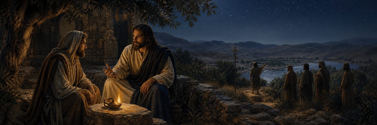 Jesus speaking with Nicodemus at night while John the Baptist points toward him beside the Jordan