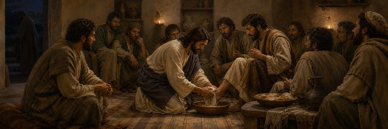 Jesus washing Peter’s feet in the upper room while the disciples watch and Judas leaves
