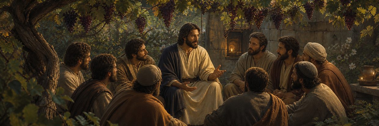 Jesus teaching his disciples beneath a flourishing grapevine heavy with fruit