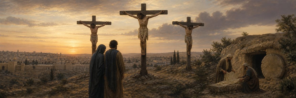 Exactly three crosses with Jesus centered as Mary and the beloved disciple stand below and a garden tomb is prepared