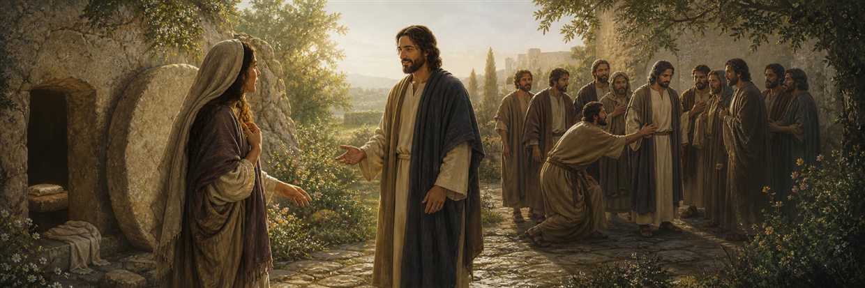 The risen Jesus speaking with Mary Magdalene near the empty tomb as Thomas meets him among the disciples