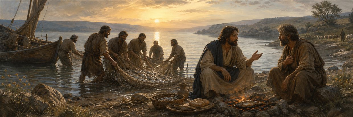 Disciples hauling a full net at dawn as Jesus shares breakfast and speaks with Peter beside Galilee