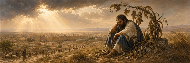 Jonah sits angrily beneath a withered shade plant as hot wind crosses the hillside and the crowded city of Nineveh rests below