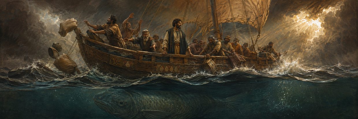 Jonah stands solemnly at the rail of a storm-tossed merchant ship as sailors discard cargo and a great fish approaches beneath the waves