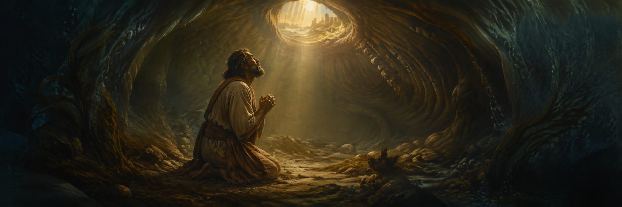 Jonah kneels in prayer inside the shadowed great fish as seaweed and deep water surround him and warm light descends from above