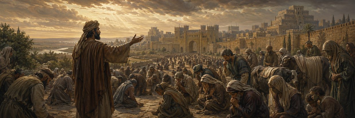 Jonah addresses Nineveh as its ruler, families, servants, and covered livestock gather throughout the city in fasting and humility