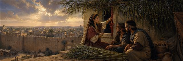 Rahab sheltering two spies on a Jericho rooftop beside a scarlet cord