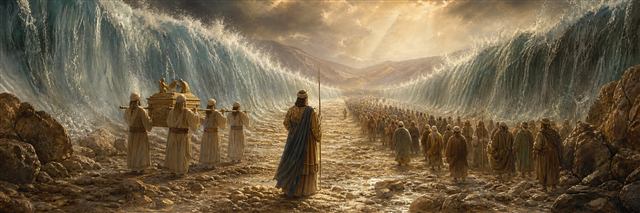 Priests carrying the ark standing in the dry Jordan as Israel crosses