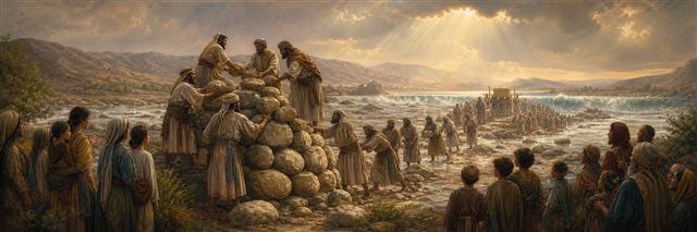 Israelites building a twelve-stone memorial beside the Jordan after crossing