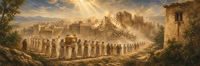 Israel circling Jericho with the ark as the walls fall near Rahab’s scarlet cord
