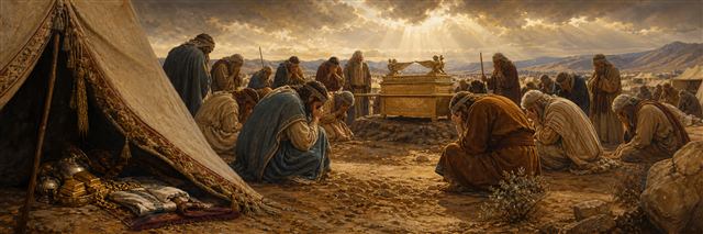Joshua and Israel’s elders grieving near the ark beside Achan’s hidden goods