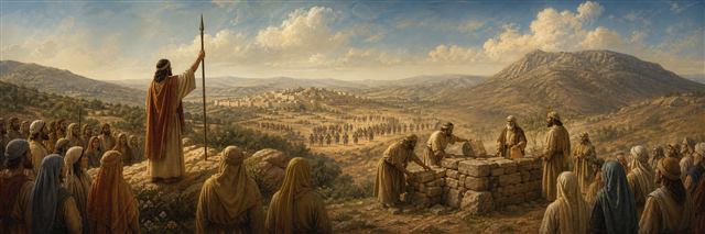 Joshua raising his spear toward Ai with a covenant gathering on Mount Ebal