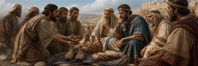 Gibeonite envoys showing worn sandals, cracked wineskins, and dry bread to Israel’s leaders
