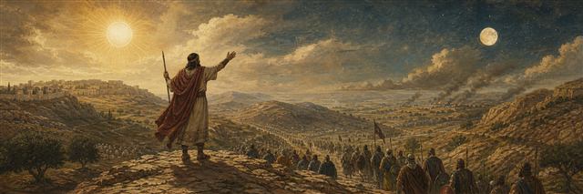 Joshua standing beneath the sun and moon while Israel defends Gibeon