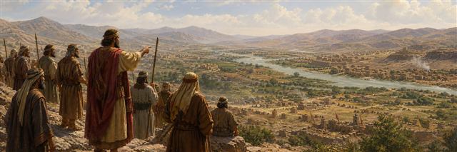 Joshua and Israel’s leaders overlooking conquered cities and the Jordan valley