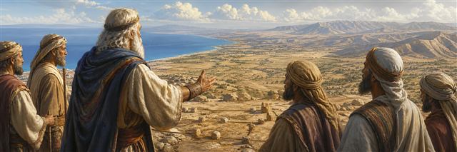 Elderly Joshua and tribal leaders surveying remaining land and allotment stones