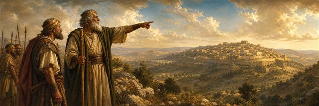 Caleb and Joshua looking toward the fortified hill country of Hebron