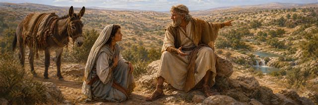 Achsah speaking with Caleb beside flowing springs in Judah’s hill country