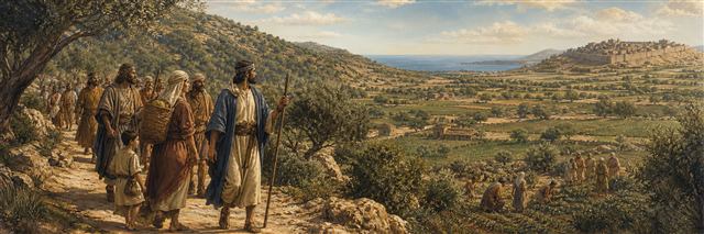 Ephraimite families surveying fertile hills and a distant fortified city