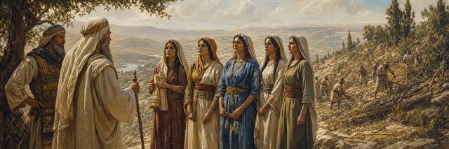 Zelophehad’s daughters standing before Joshua while families clear hill country