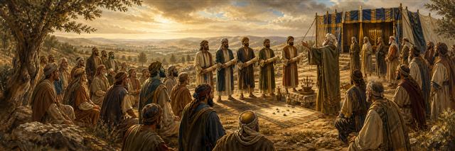 Joshua receiving surveyors before the tabernacle at Shiloh as tribes gather