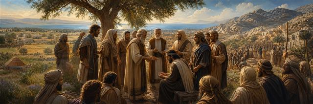 Joshua and Eleazar distributing the remaining tribal inheritances before Israel