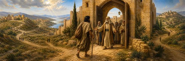 City elders welcoming a vulnerable traveler at the open gate of a refuge city