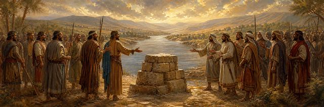Leaders from both sides of the Jordan reconciling beside a witness altar