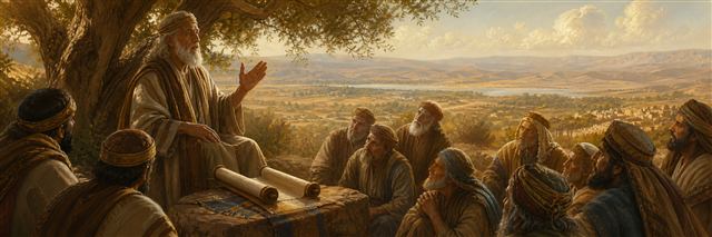 Elderly Joshua giving farewell counsel to Israel’s leaders beneath a broad tree