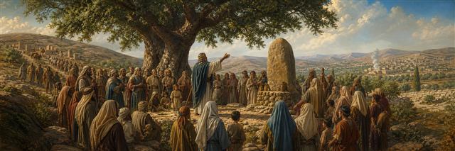 Joshua and Israel renewing covenant beneath the oak at Shechem beside a witness stone