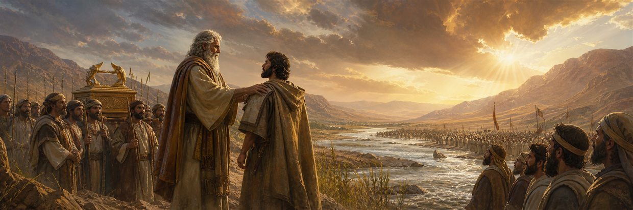 Joshua receiving leadership before the gathered people beside the Jordan