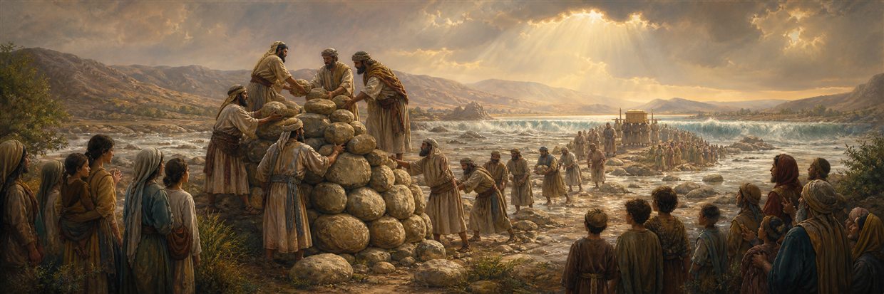 Israelites building a twelve-stone memorial beside the Jordan after crossing