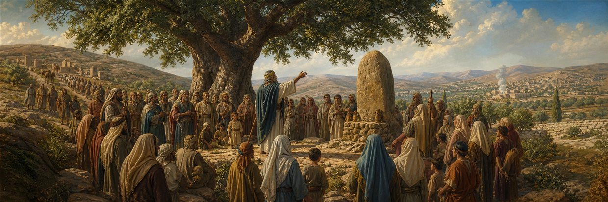 Joshua and Israel renewing covenant beneath the oak at Shechem beside a witness stone