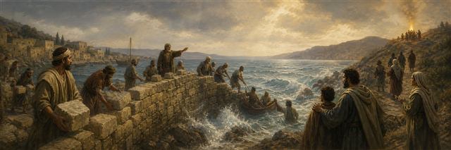 Believers strengthening a harbor wall and rescuing travelers as false signal fires burn in the distance