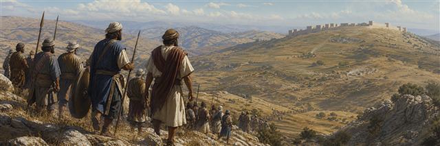 Judah and Simeon entering hill country with fortified cities in the distance
