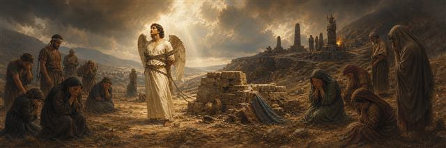 A messenger addressing the weeping Israelites at Bochim near an abandoned altar