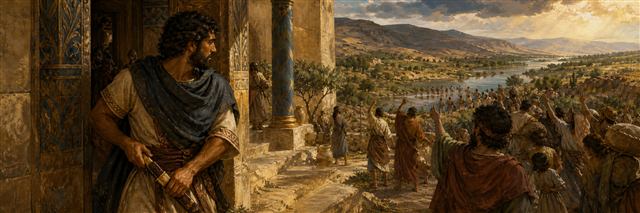 Ehud leaving a palace doorway while Israelites rally near the Jordan