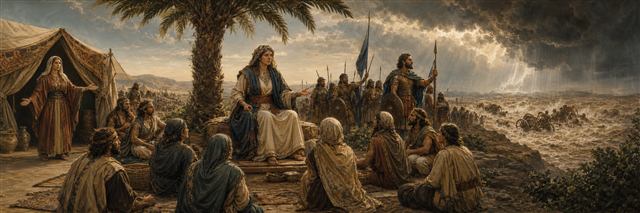 Deborah under her palm while Barak gathers troops and chariots falter in a distant flood