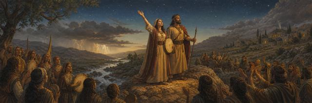Deborah and Barak leading a song before Israel beside the Kishon River