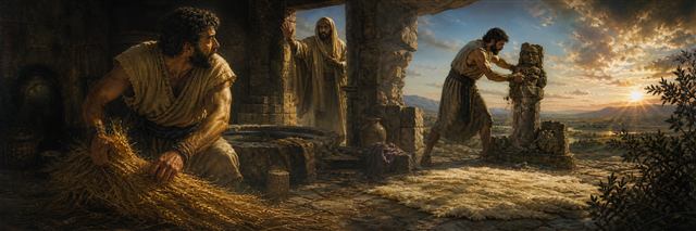 Gideon threshing wheat in a winepress as a messenger calls him