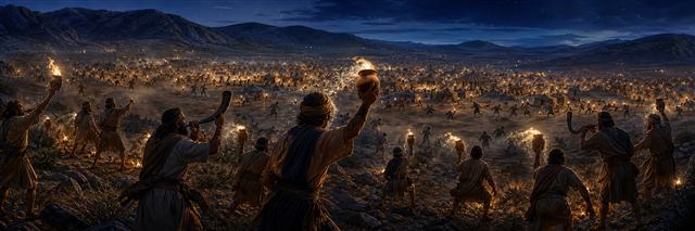 Gideon’s small army surrounding Midian’s camp with torches, jars, and trumpets