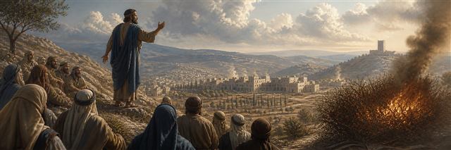 Jotham speaking from Mount Gerizim over Shechem and a burning bramble