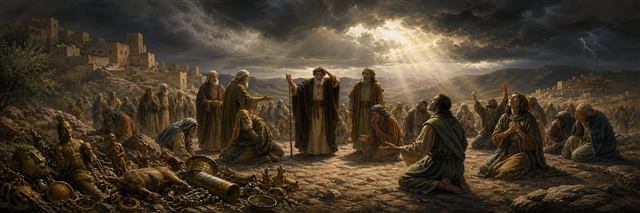 Israelites abandoning foreign idols as leaders gather at Mizpah