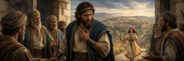 Jephthah seeing his daughter approach with a timbrel after his return